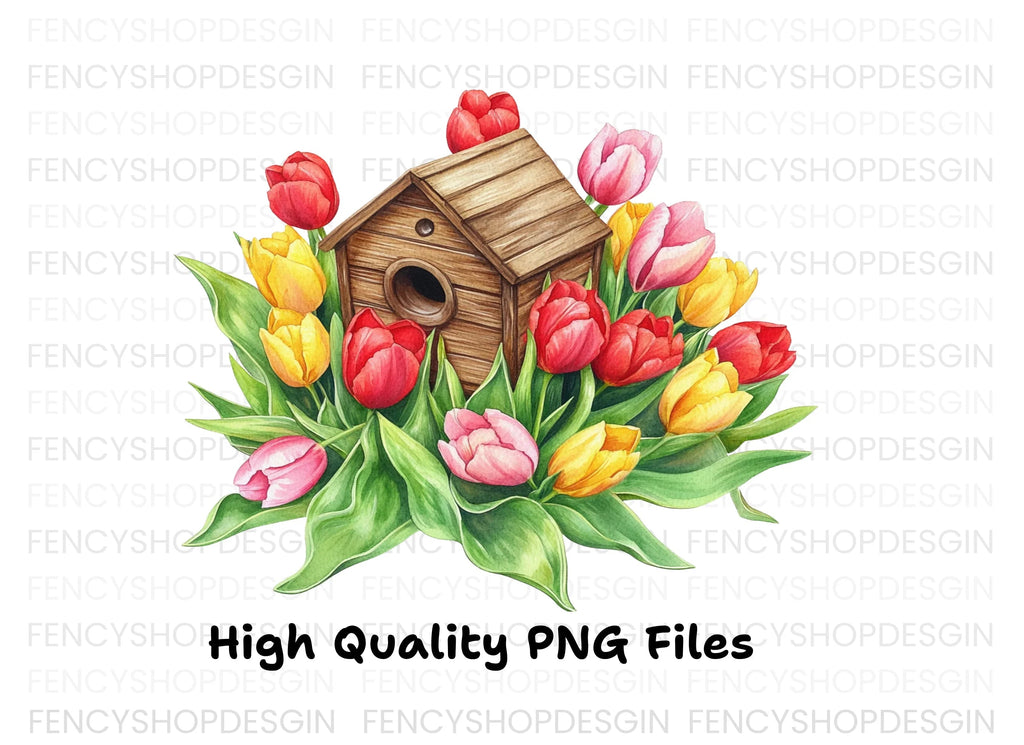 Colorful Tulips Birdhouse Clipart Bundle
