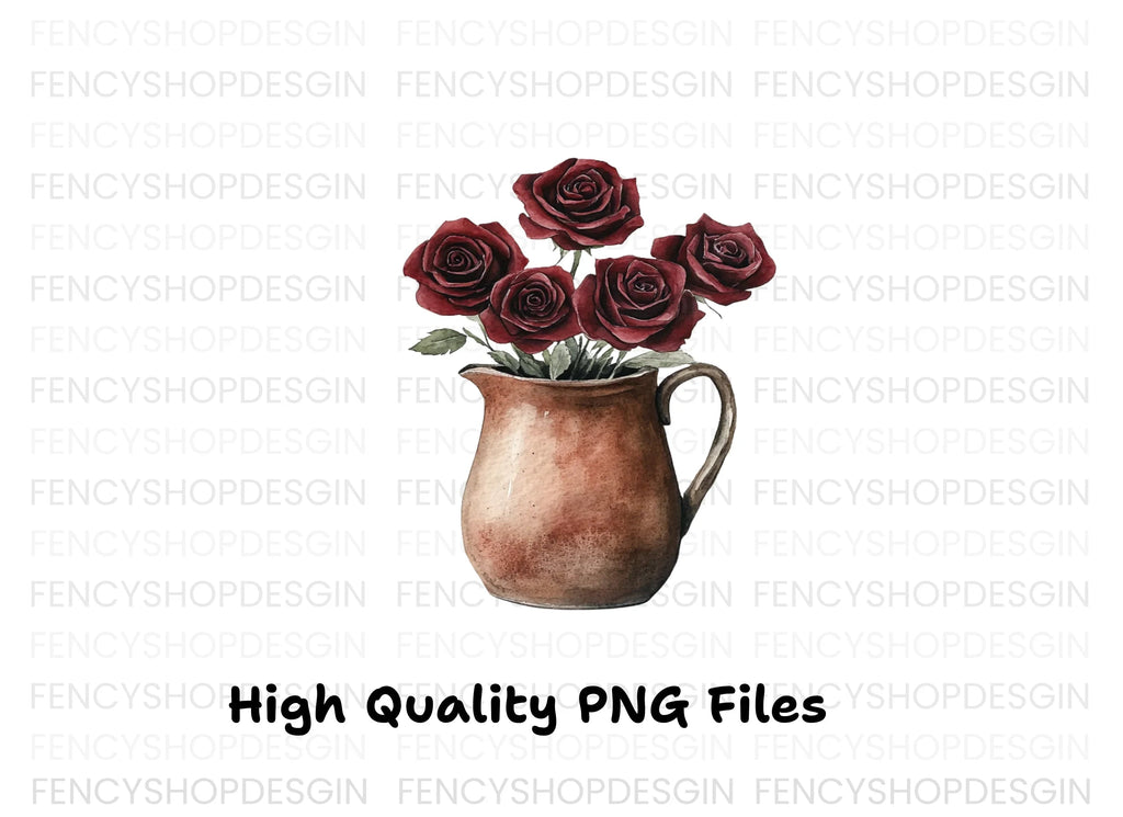Dark Red Roses in Rustic Pitchers Clipart Bundle