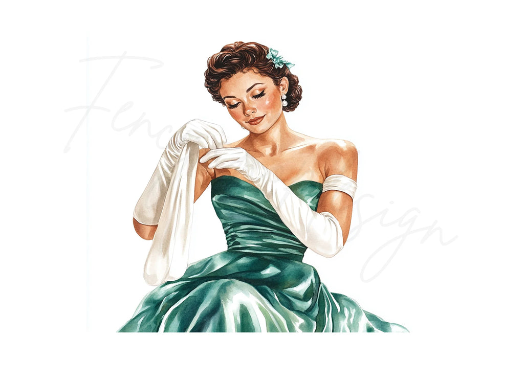 Elegant Woman in Green Dress Clipart Bundle
