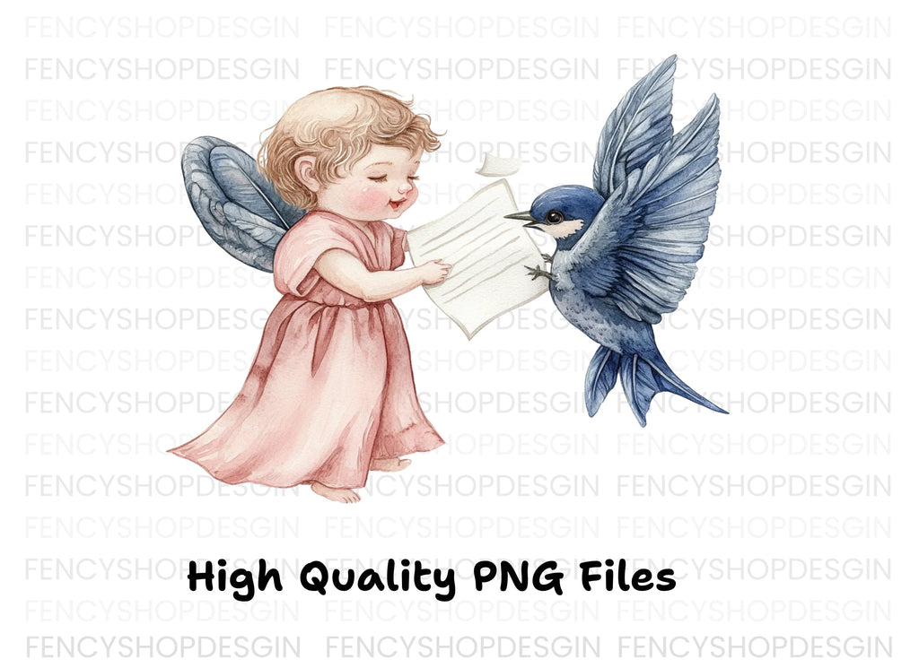 Cute Cherubs with Birds and Scrolls Clipart Bundle