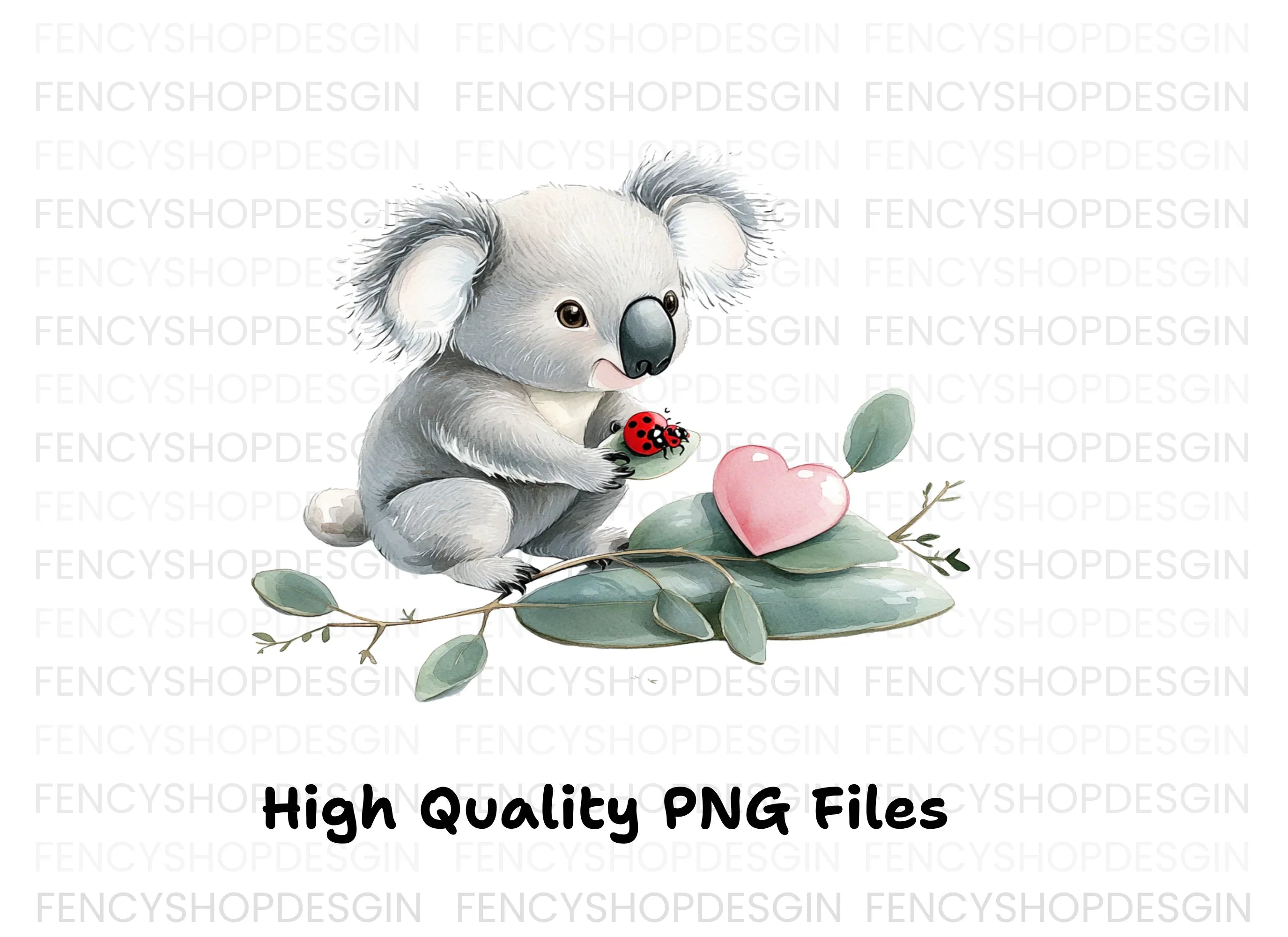 Cute Koala with Ladybug and Heart Clipart Bundle