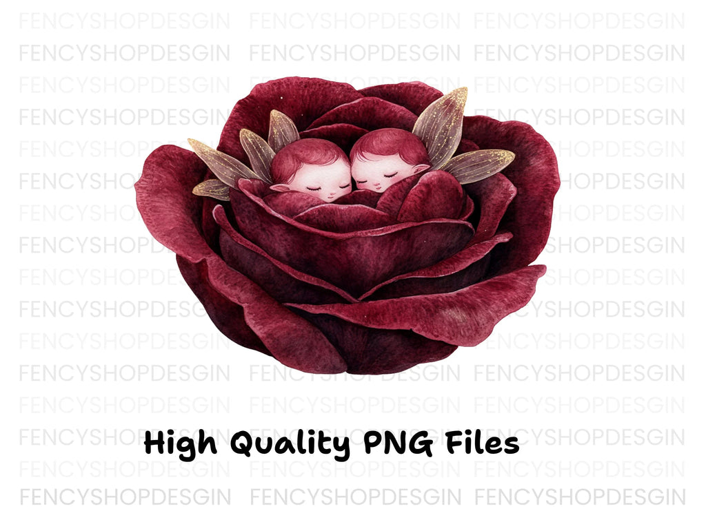 Sleeping Cherubs in Red Rose Clipart Bundle