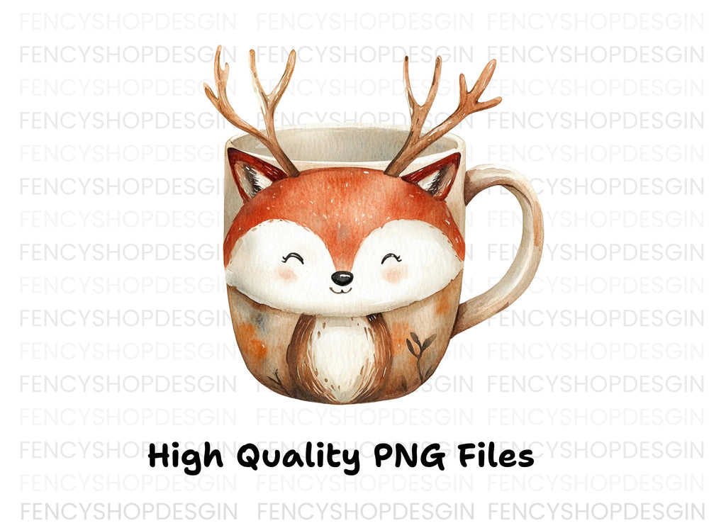 Cute Fox and Deer Mugs Clipart Bundle