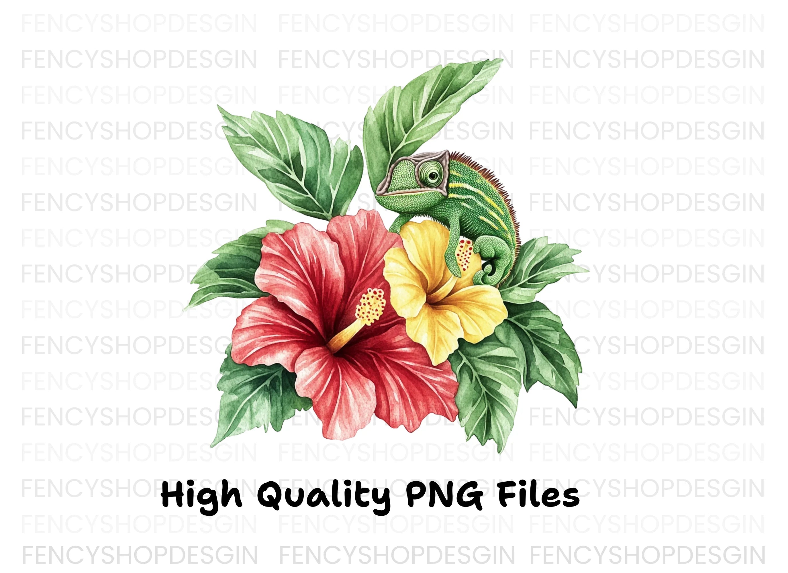 Cute Chameleon on Hibiscus Clipart Bundle