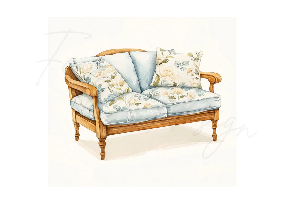Elegant Blue Floral Sofa Clipart Bundle