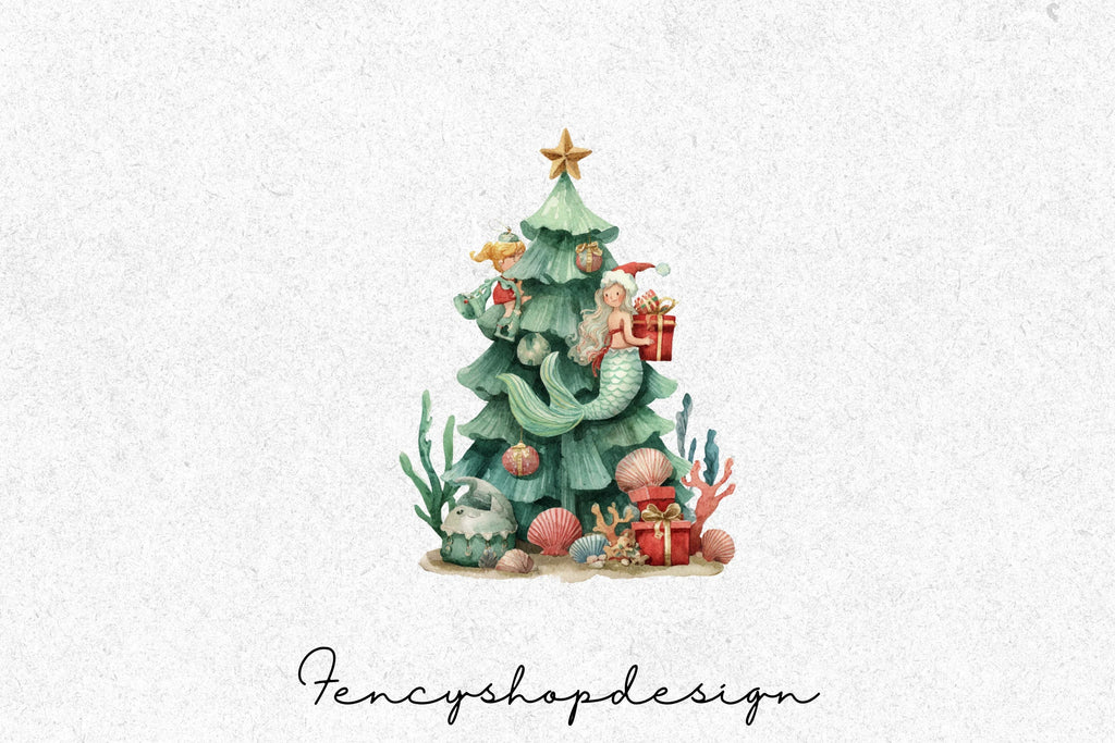 Mermaid Christmas Tree Clipart Bundle