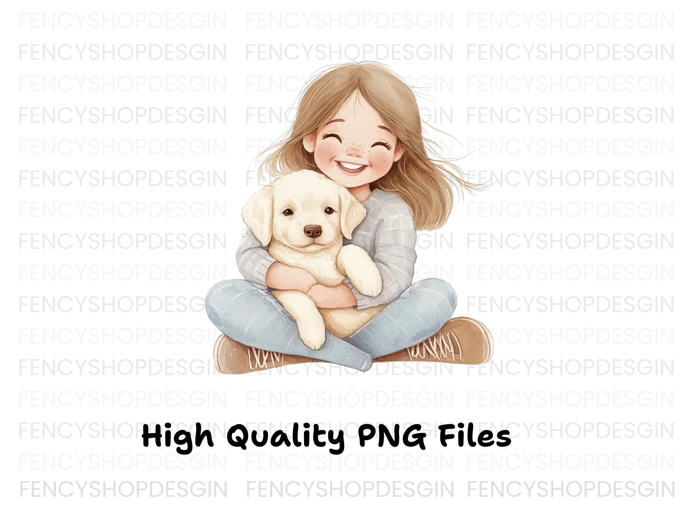Happy Girl Cuddling Puppy Clipart Bundle