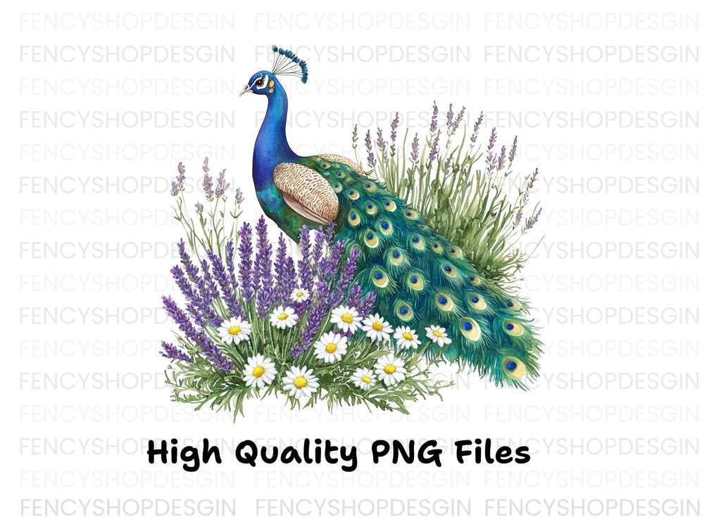 Peacock with Lavender and Daisies Clipart Bundle