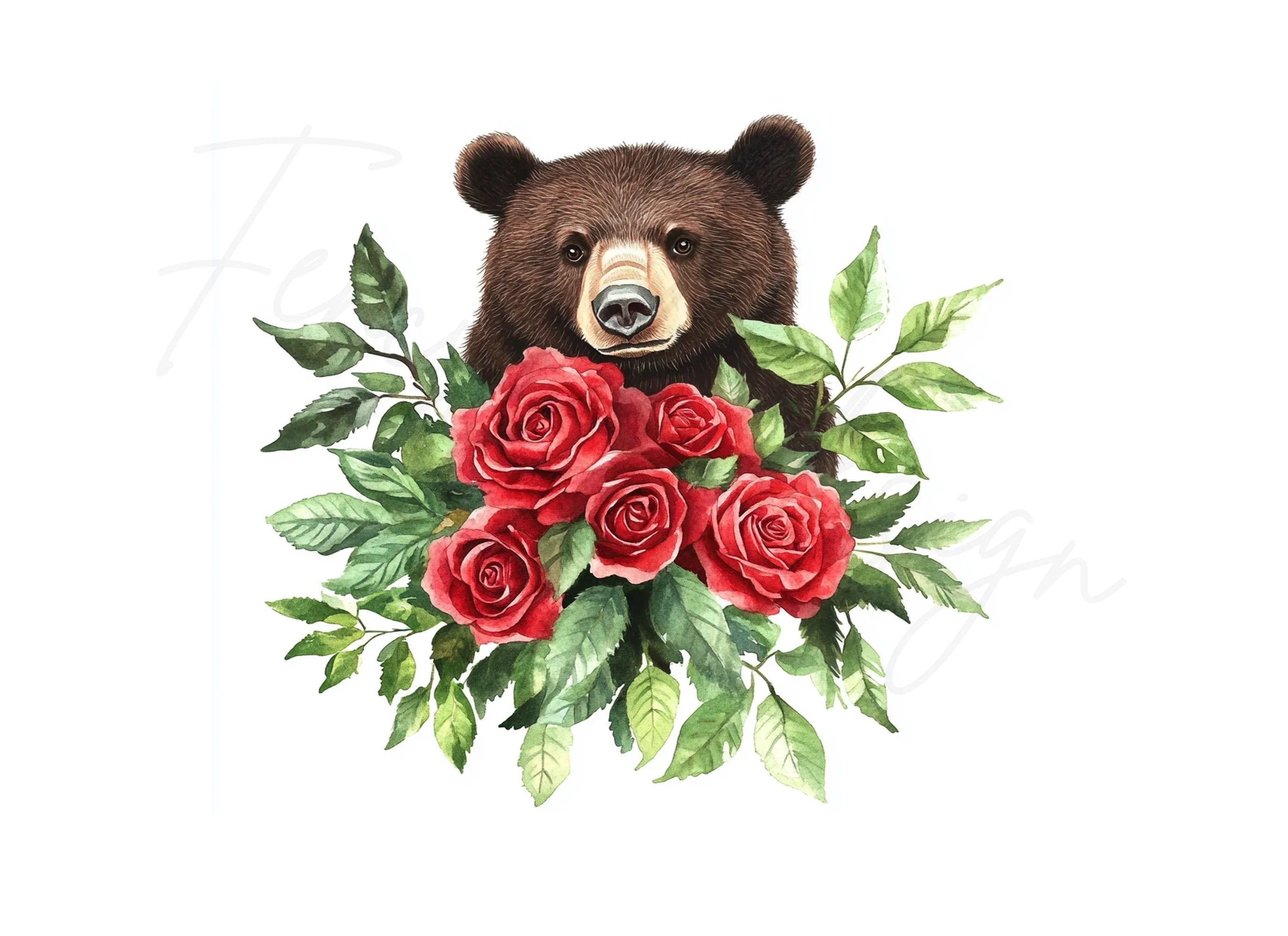 Brown Bear with Red Rose Bouquet Clipart Bundle