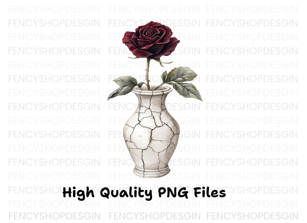 Dark Red Roses in Cracked Vases Clipart Bundle