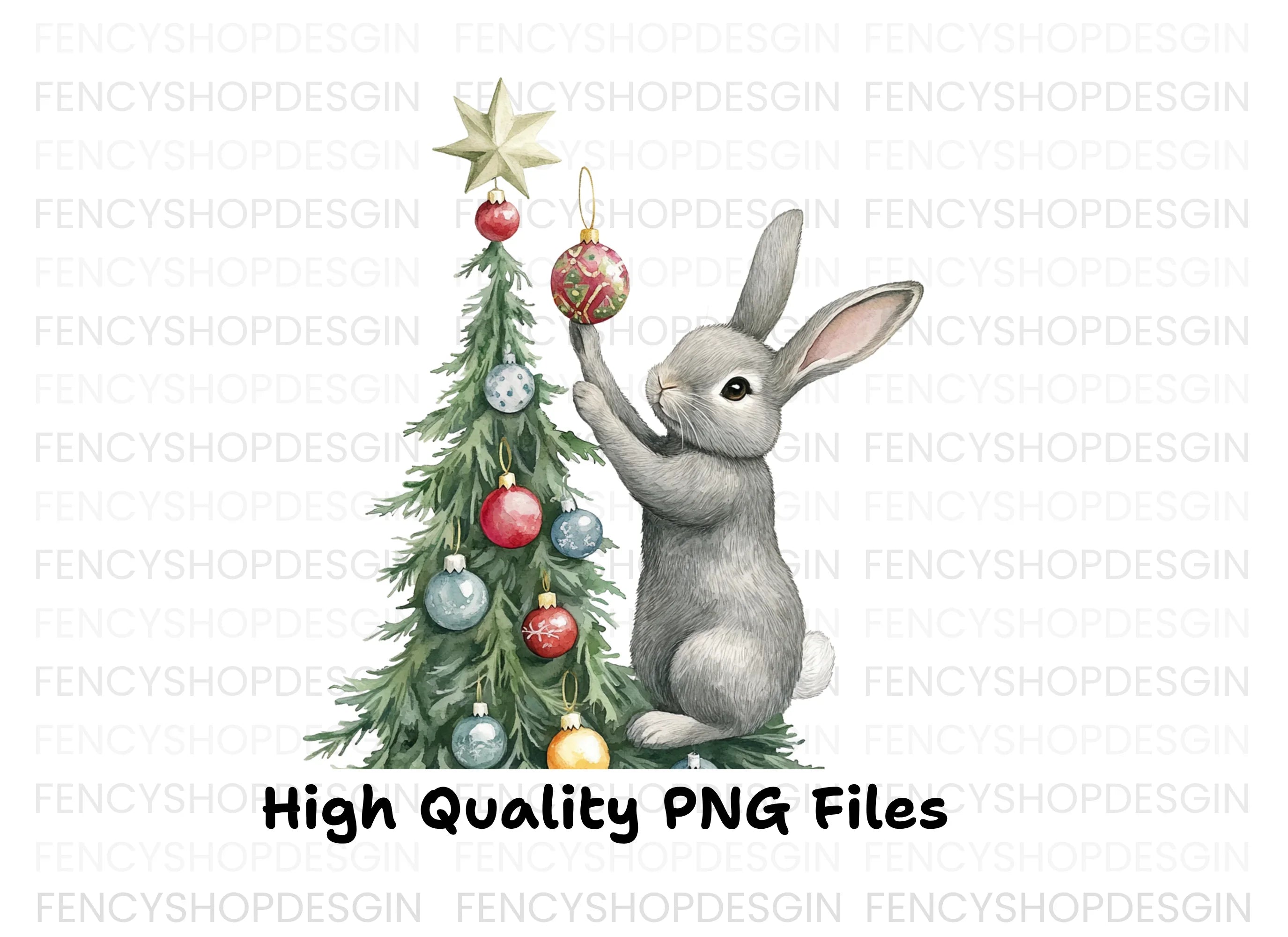 Gray Rabbit Holiday Tree Decorating Clipart Bundle
