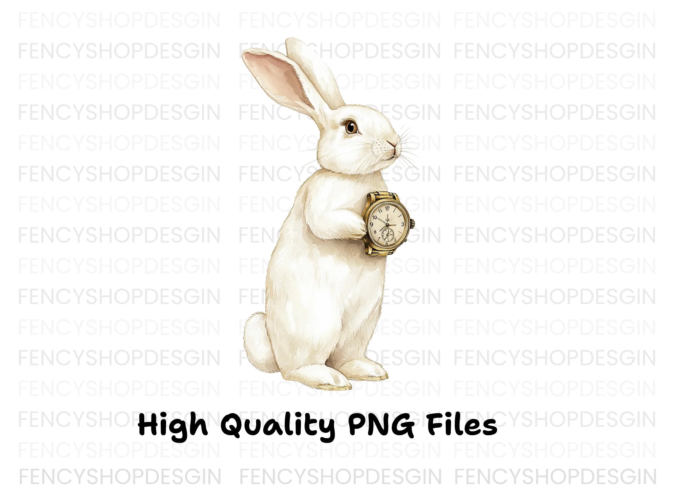 White Rabbit Holding Wristwatch Clipart Bundle