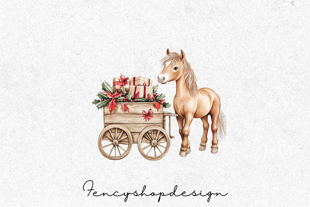 Christmas Horse Cart with Gifts Clipart Bundle