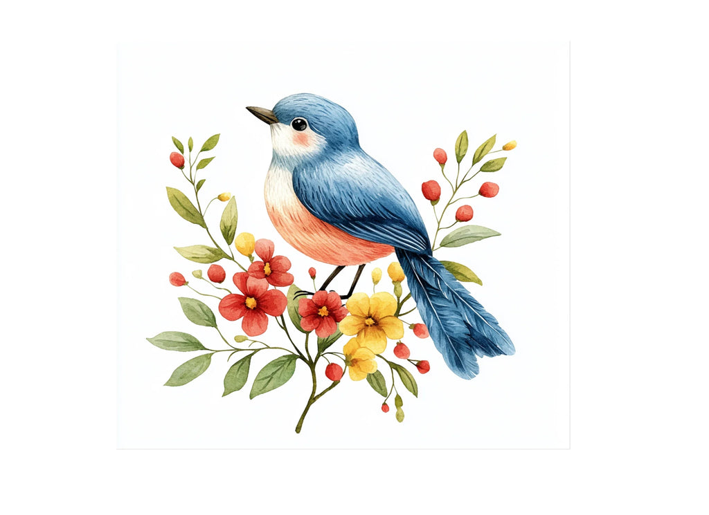 Cute Blue Birds with Spring Flowers Clipart Bundle