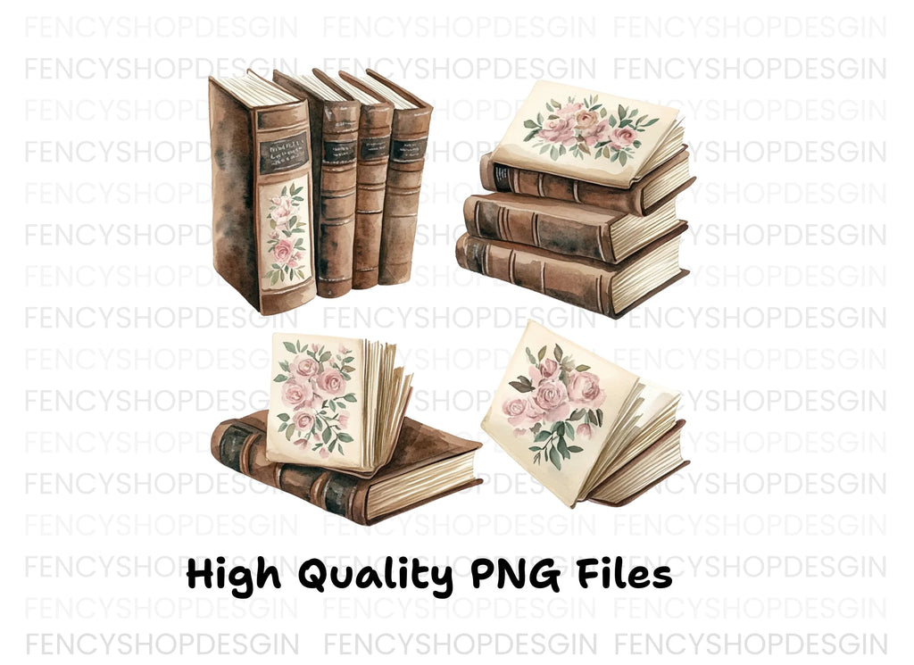 Vintage Floral Accents Books Clipart Bundle