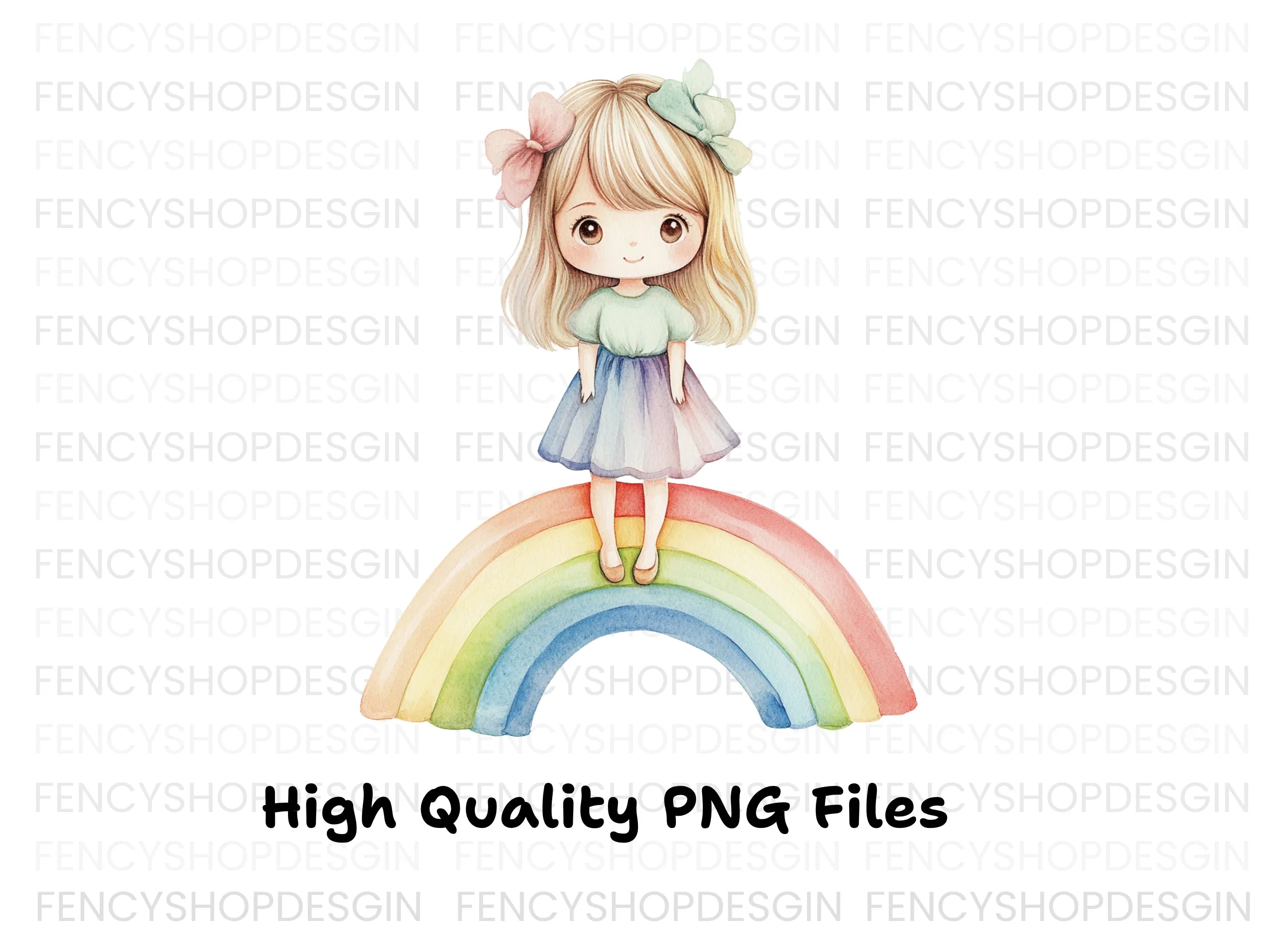 Adorable Girl Standing on Rainbow Clipart Bundle