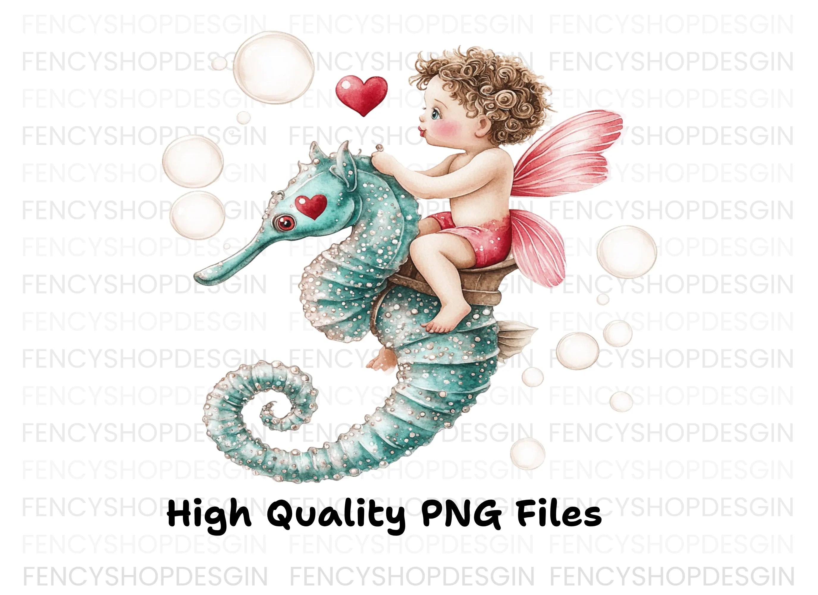 Cute Cupid Riding Seahorse Clipart Bundle