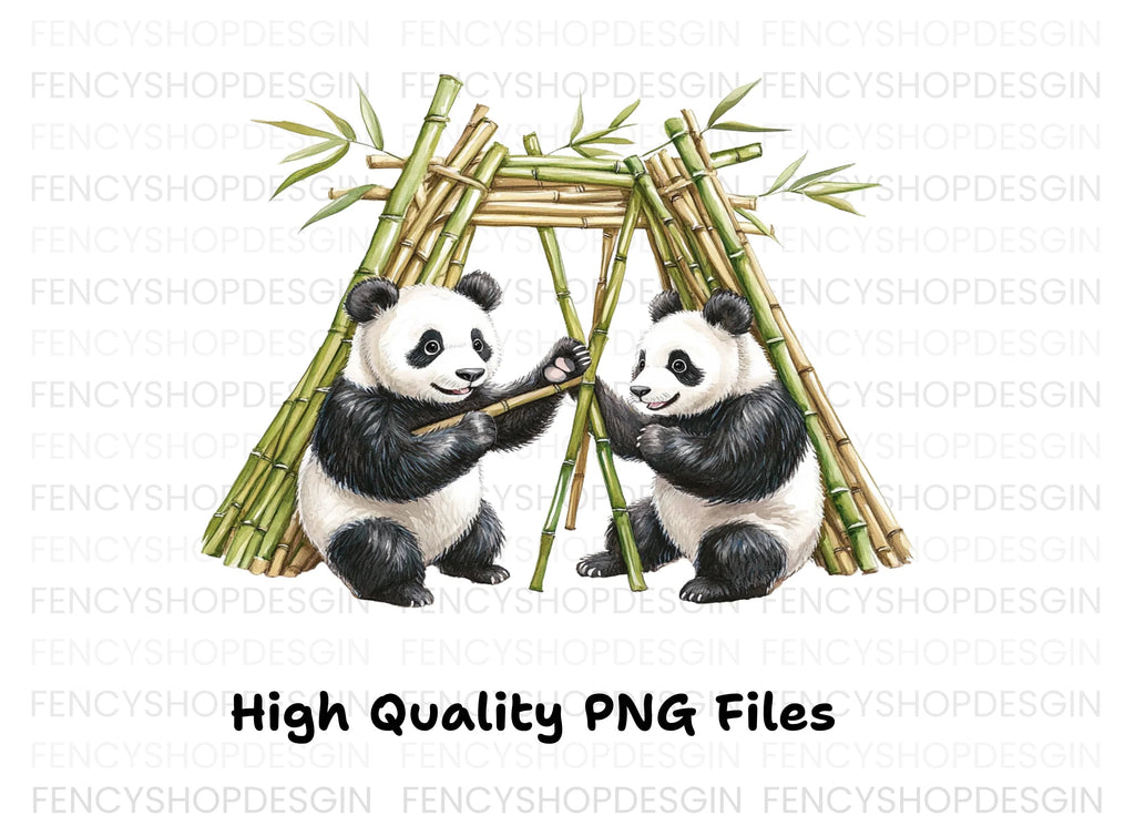 Playful Pandas with Bamboo Hut Clipart Bundle
