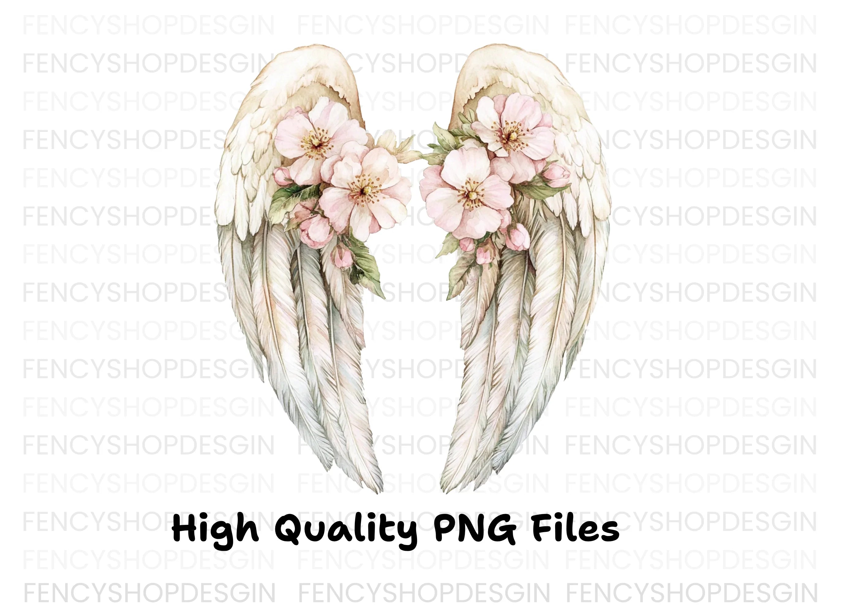 White Feathered Angel Wings with Flowers Clipart Bundle