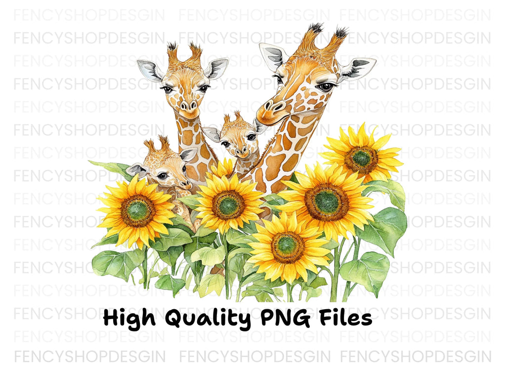 Giraffe Family with Sunflowers Clipart Bundle