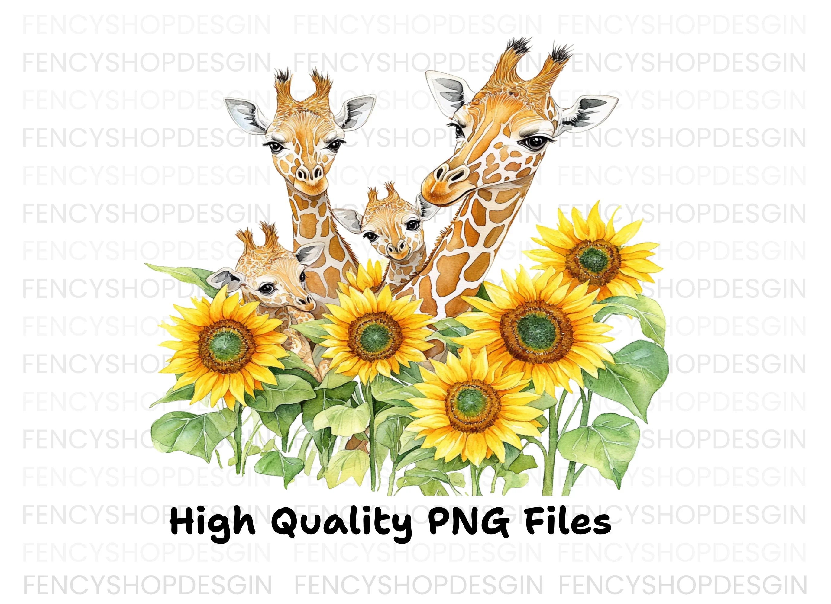 Giraffe Family with Sunflowers Clipart Bundle