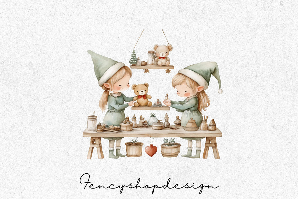 Christmas Elves Fireplace Clipart Bundle