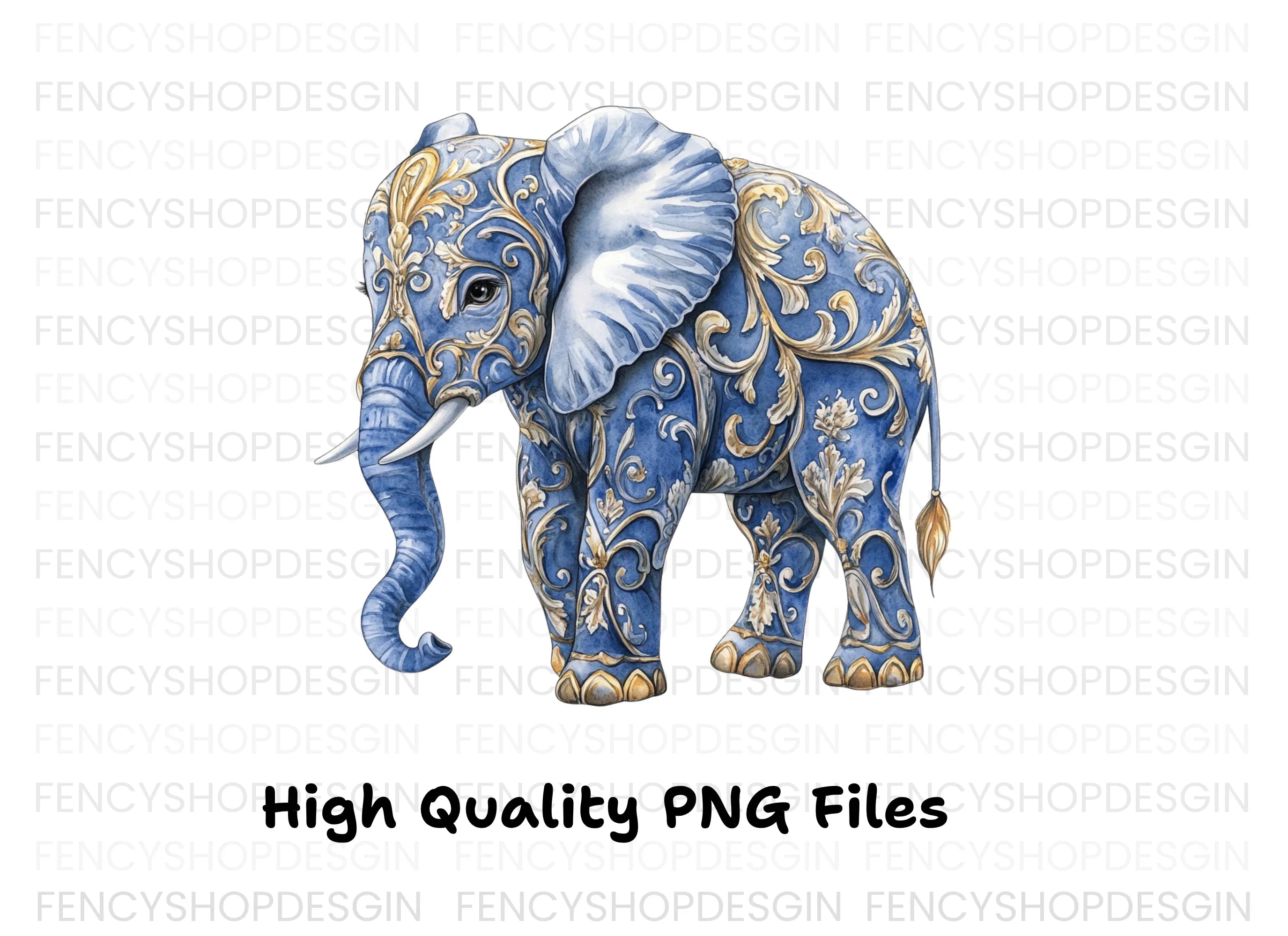 Elegant Blue Elephant with Gold Filigree Clipart Bundle