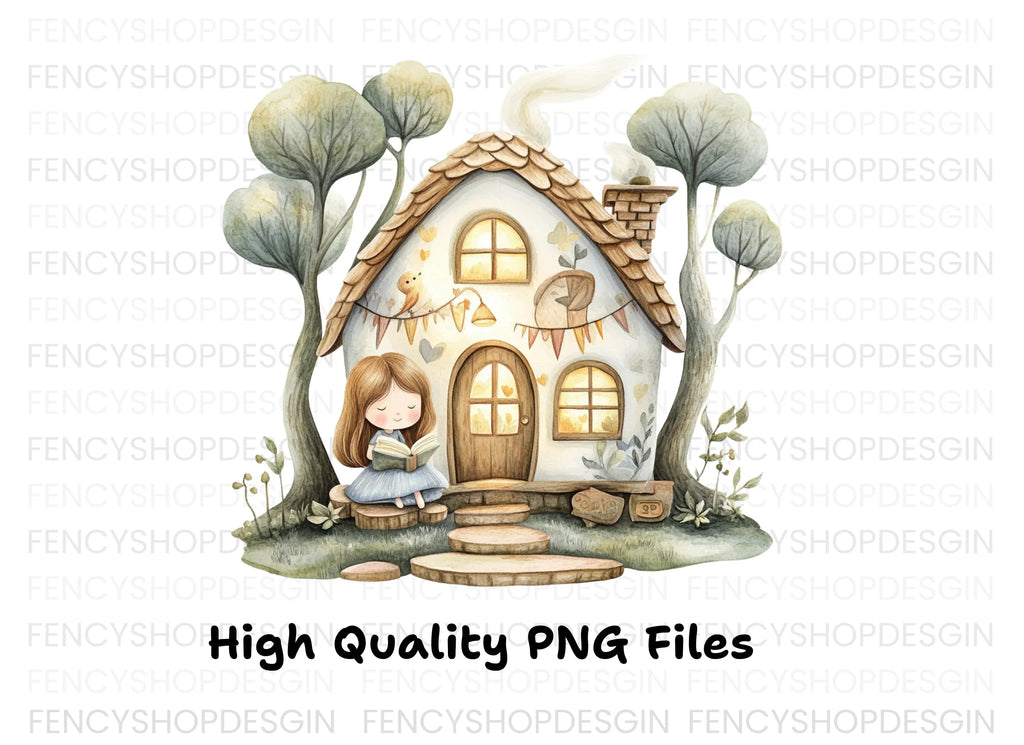 Cozy Cottage Girl Reading Clipart Bundle