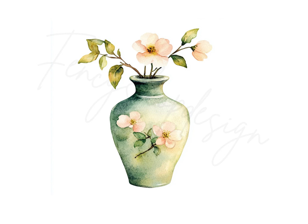 Green Vase Cherry Blossom Clipart Bundle
