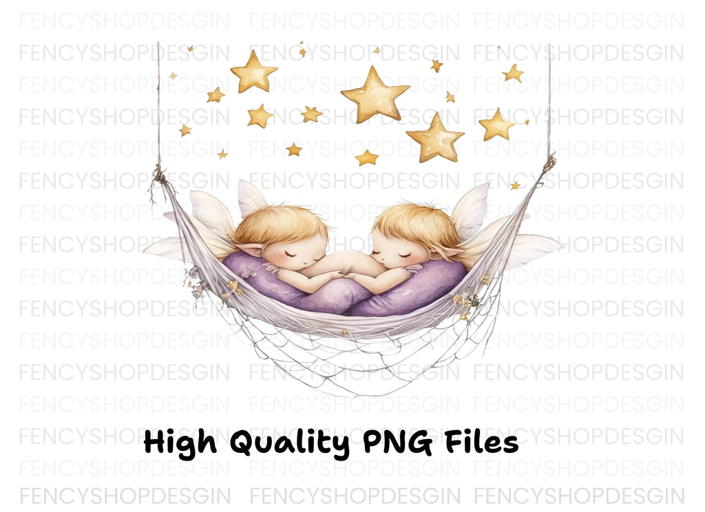 Sleeping Baby Fairies in Hammock Clipart Bundle