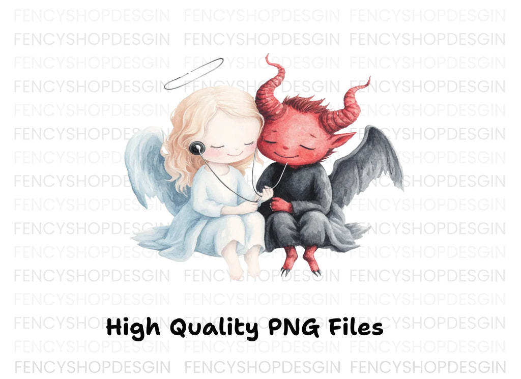 Cute Angel and Devil Listening to Music Clipart Bundle