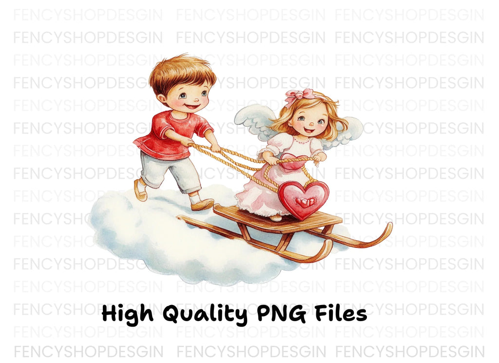 Cute Valentine Angels Sleigh Clipart Bundle