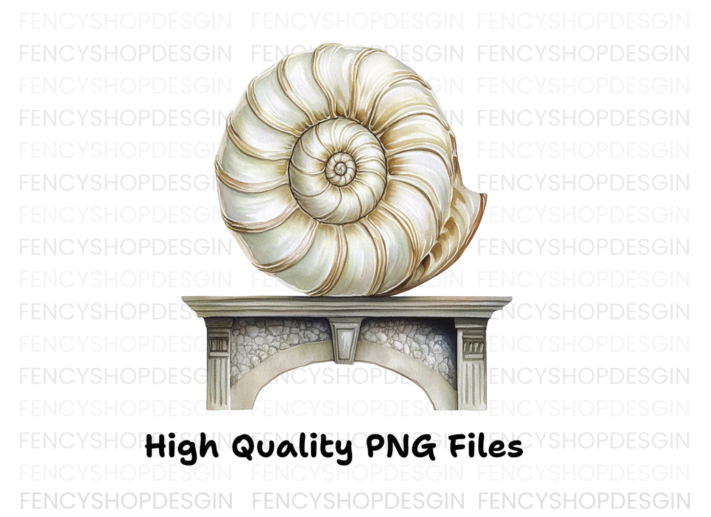 Elegant Nautilus Shell on Stone Pedestal Clipart Bundle
