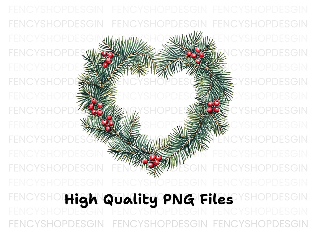 Heart Shaped Pine Wreath with Berries Clipart Bundle