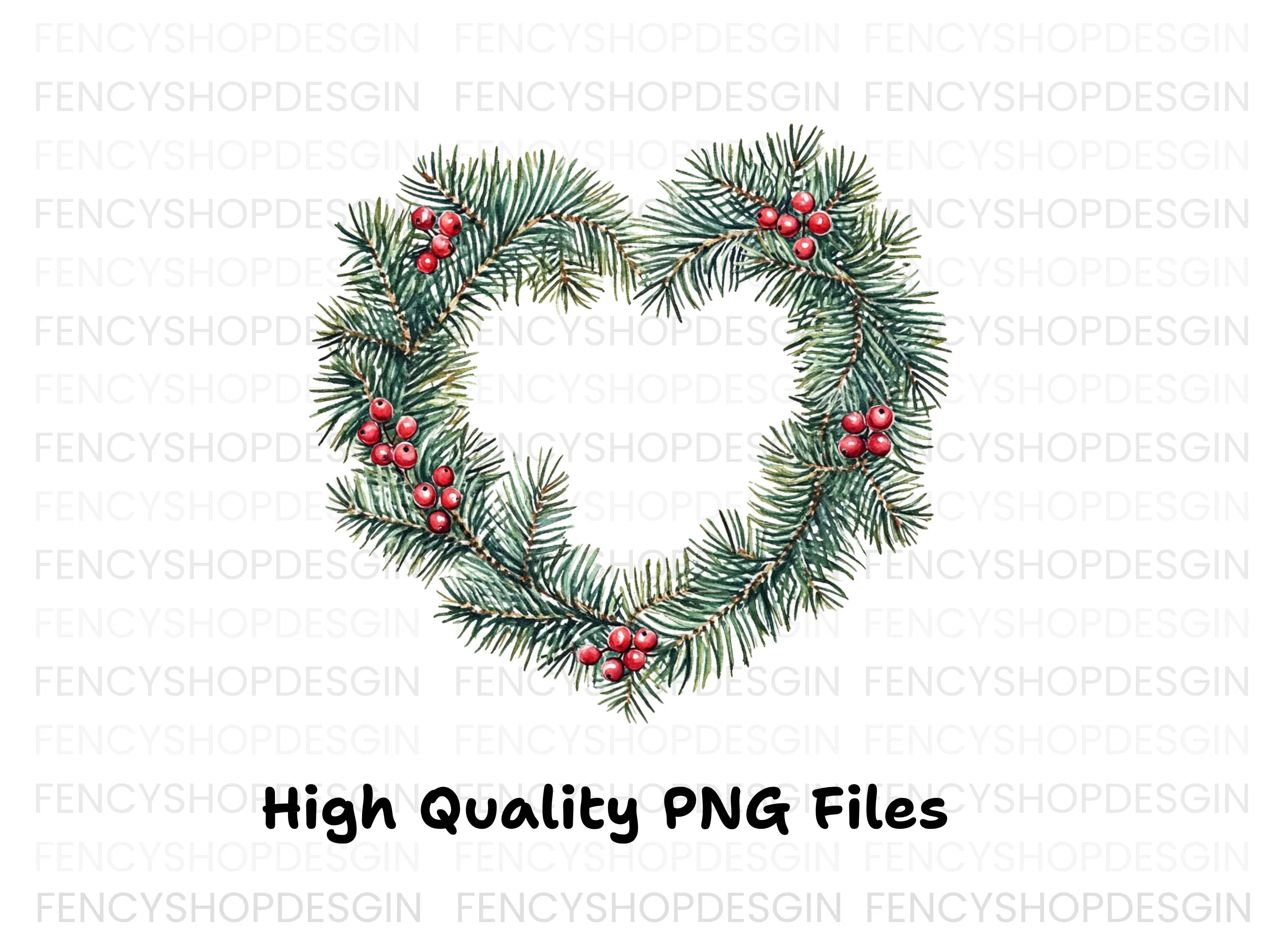Heart Shaped Pine Wreath with Berries Clipart Bundle