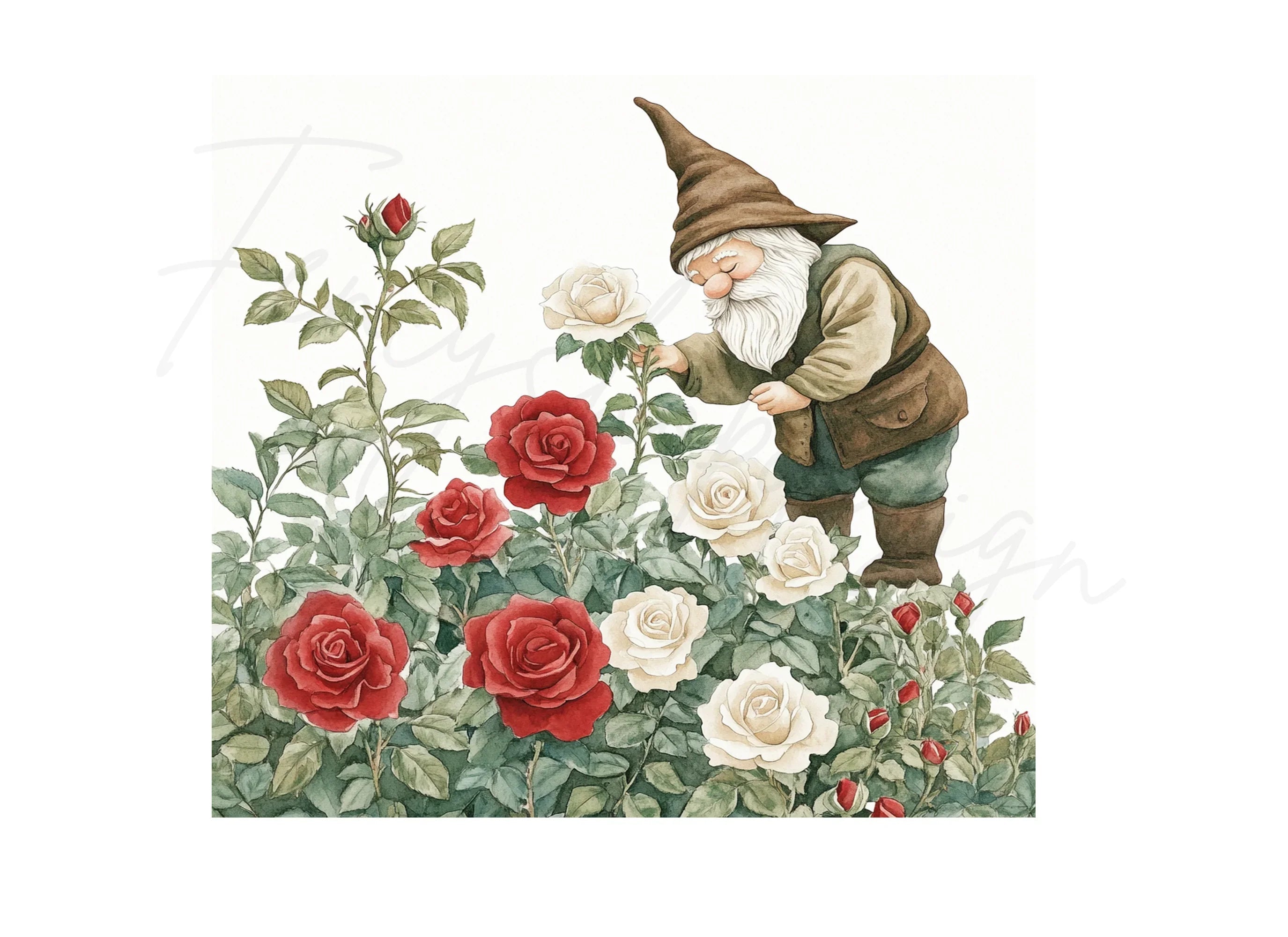 Garden Gnomes with Red and White Roses Clipart Bundle