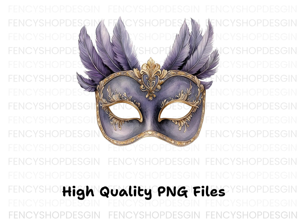 Elegant Purple Feathered Masquerade Mask Clipart Bundle