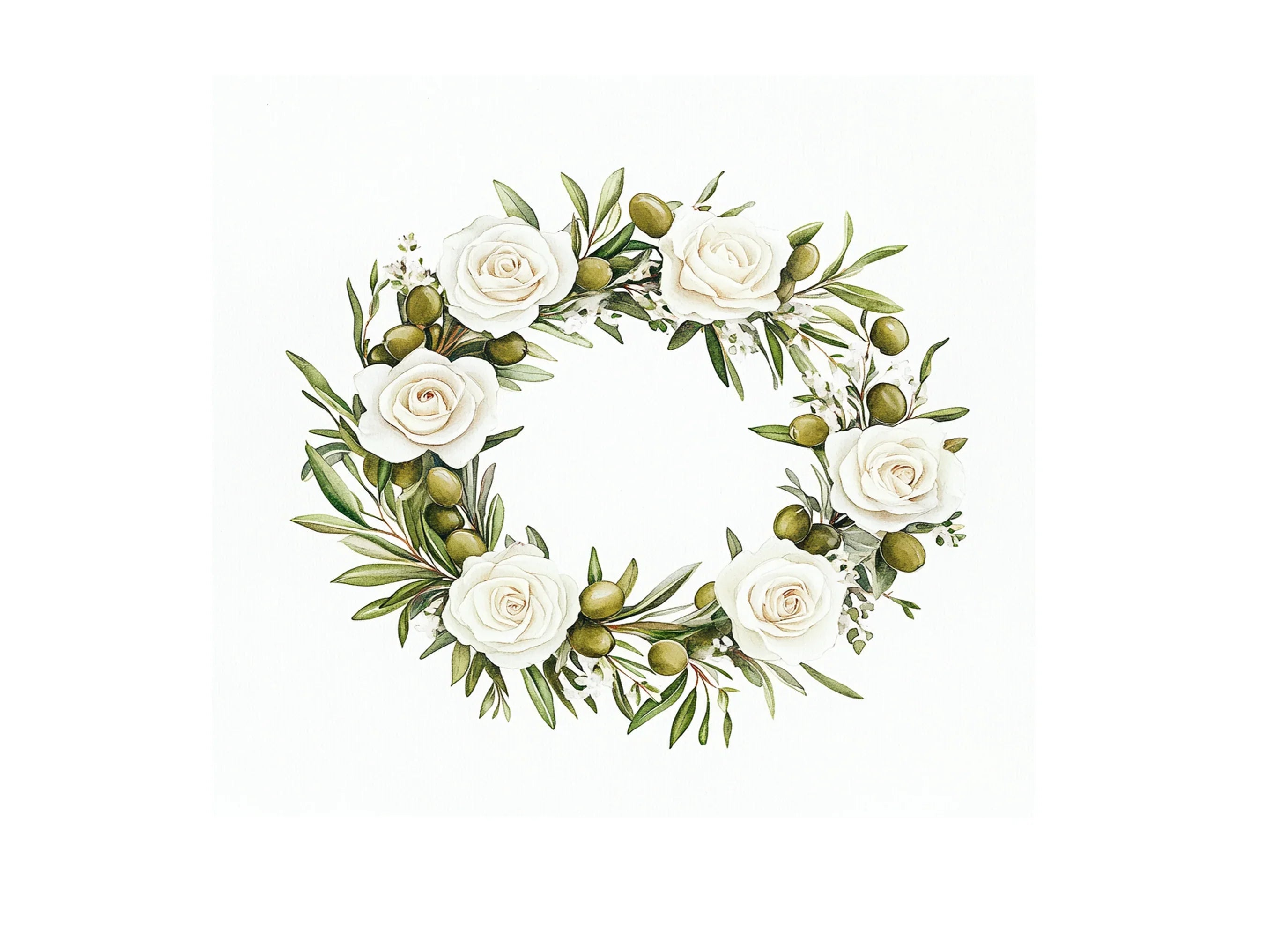 White Rose Olive Wreath Clipart Bundle