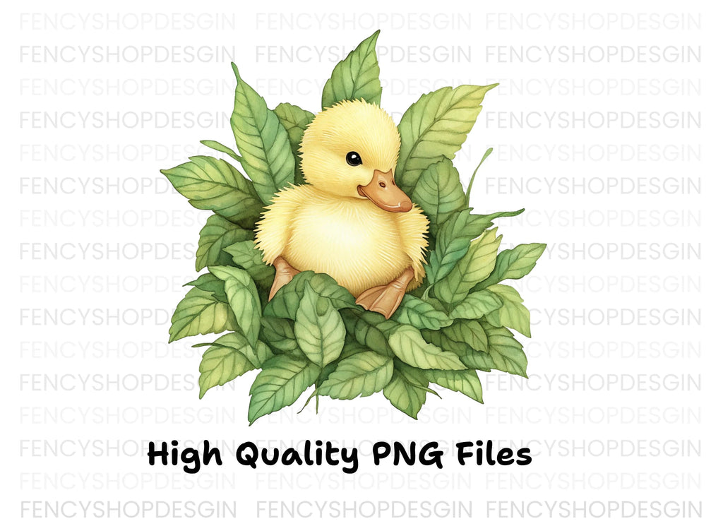 Cute Yellow Ducklings in Leaves Clipart Bundle