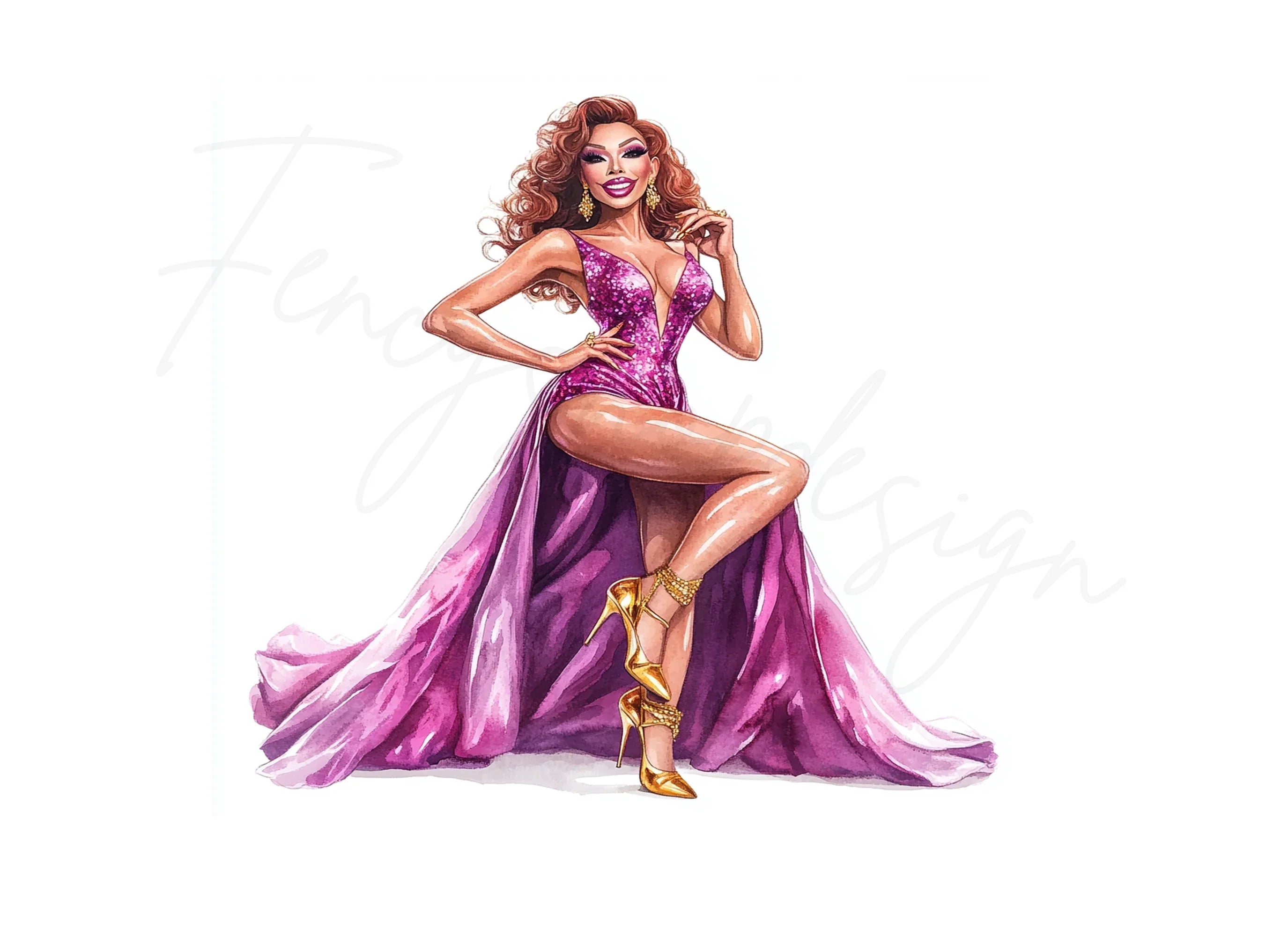 Glamorous Diva in Pink Gown Clipart Bundle