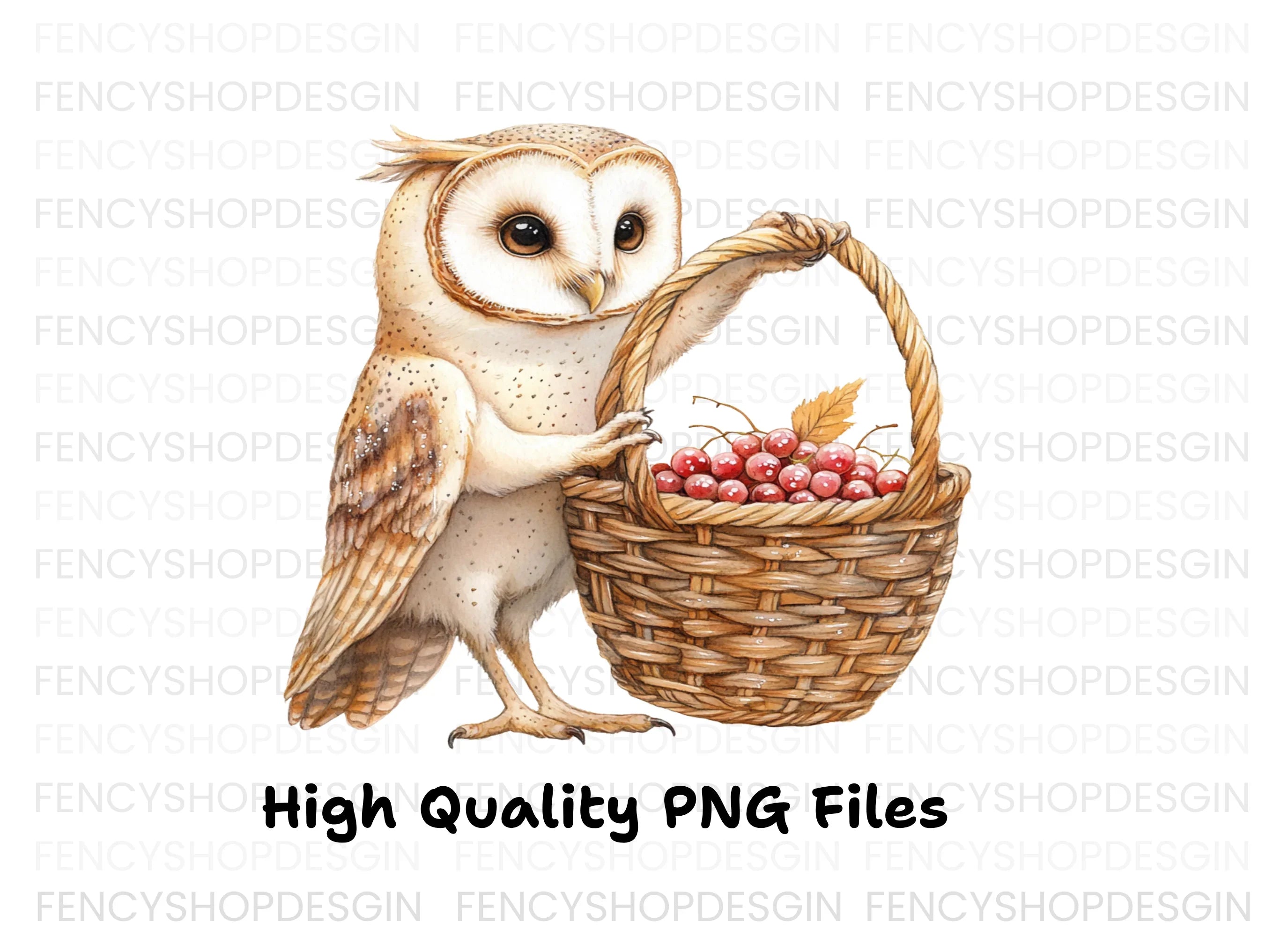 Cute Barn Owl with Berry Basket Clipart Bundle