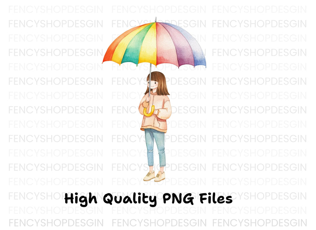 Girls with Rainbow Umbrellas Clipart Bundle