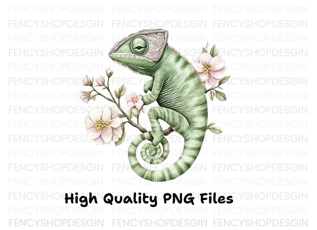 Chameleon on Branch with Pink Flowers Clipart Bundle