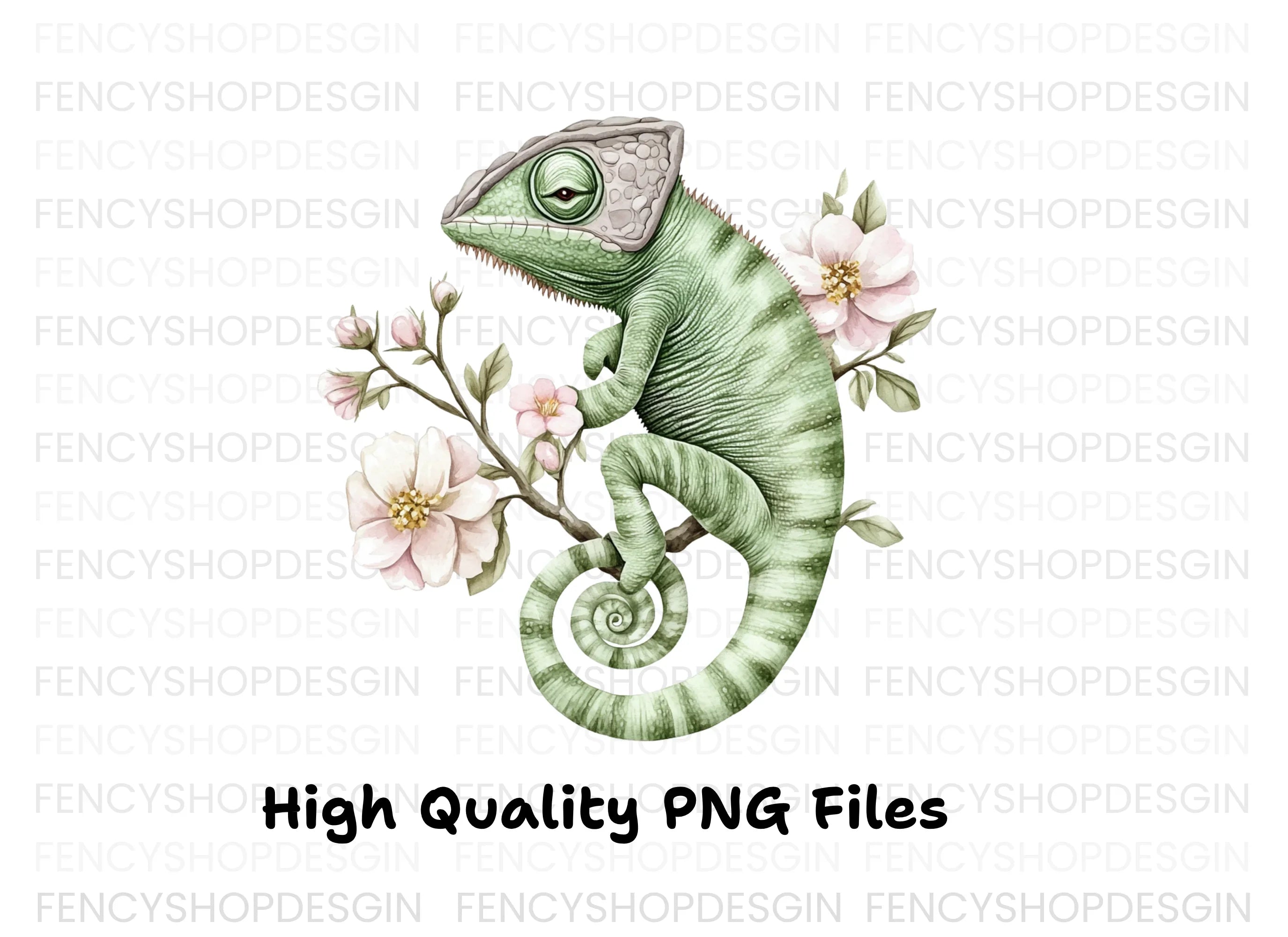 Chameleon on Branch with Pink Flowers Clipart Bundle