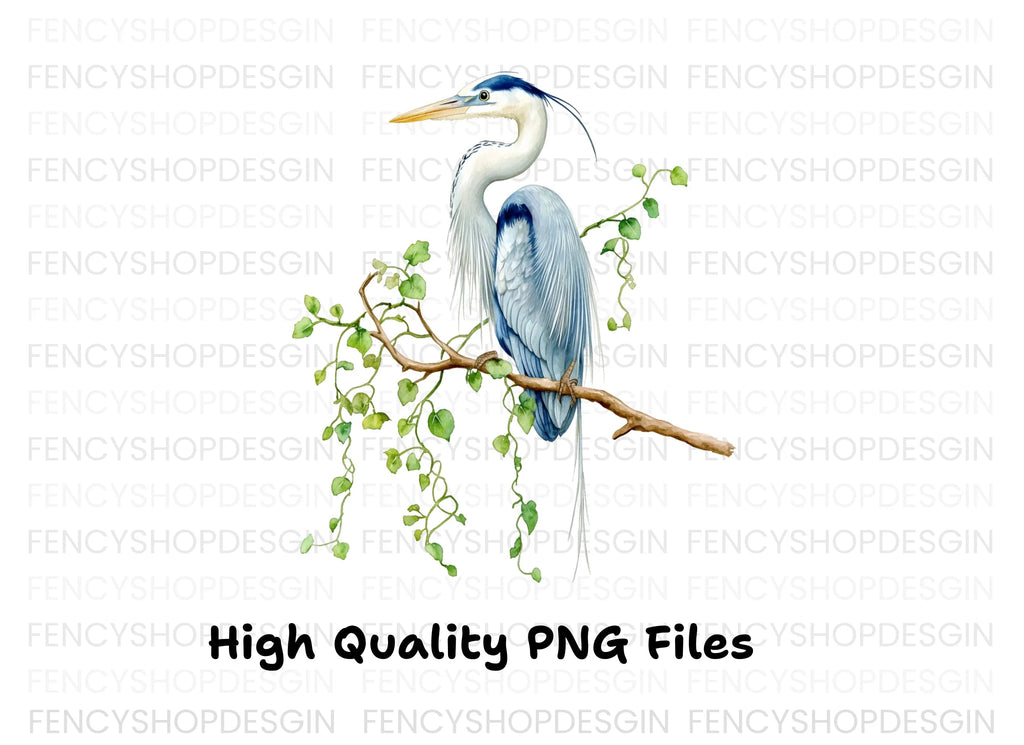Heron on Branch with Green Leaves Clipart Bundle