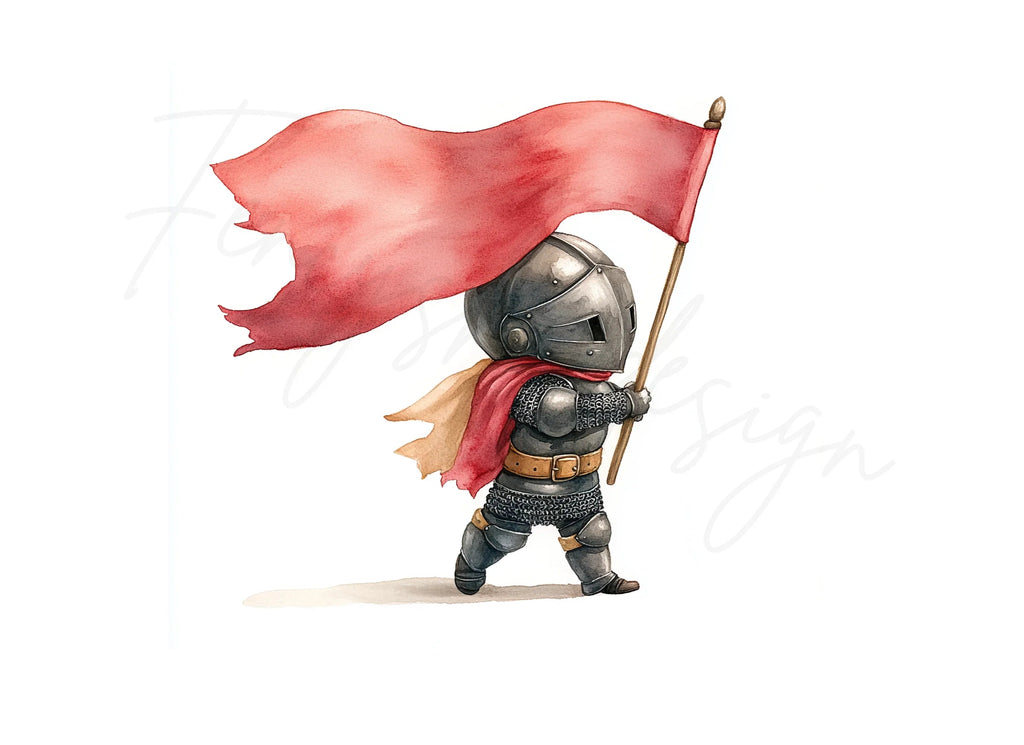 Cute Chibi Knights with Red Flags Clipart Bundle