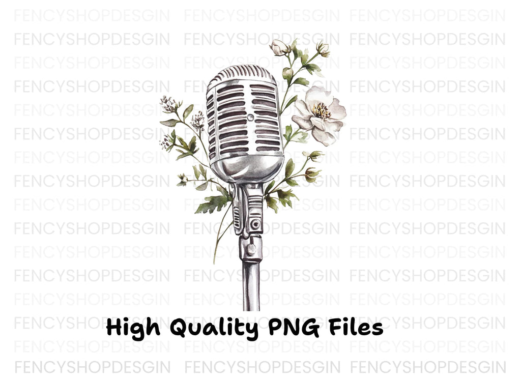 Retro Microphone with White Flowers Clipart Bundle