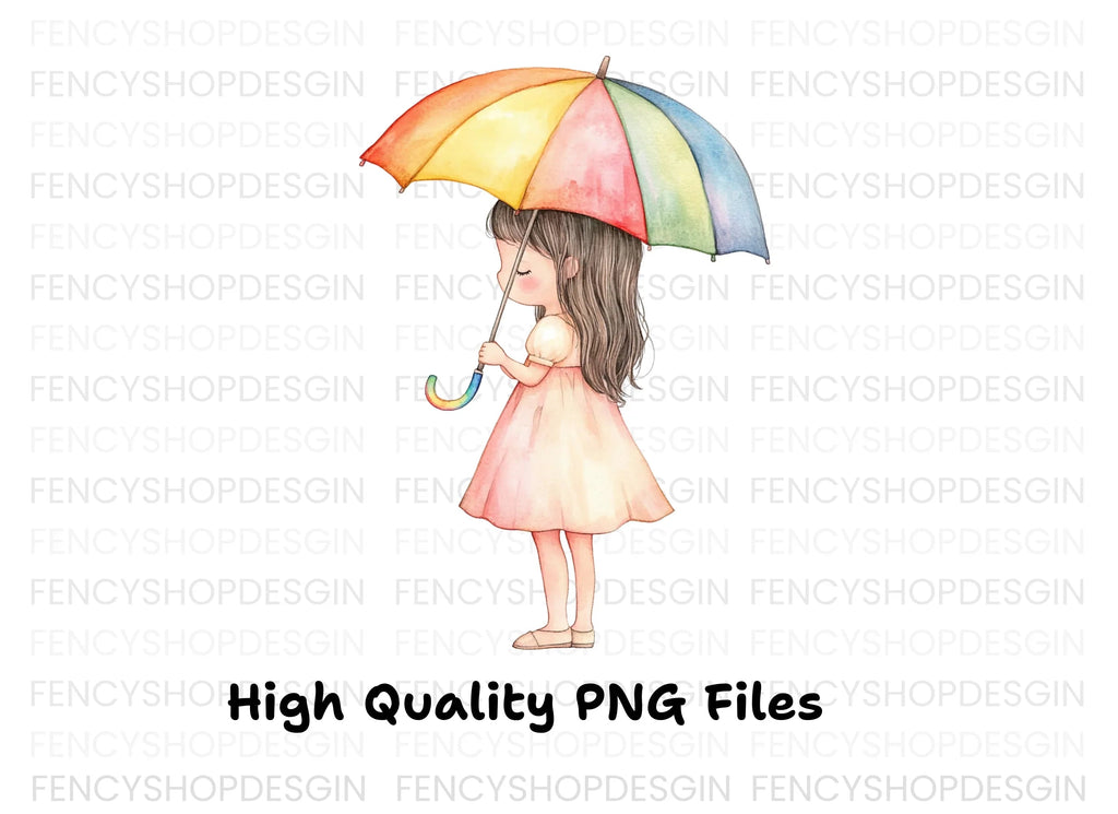 Girls with Rainbow Umbrella Clipart Bundle