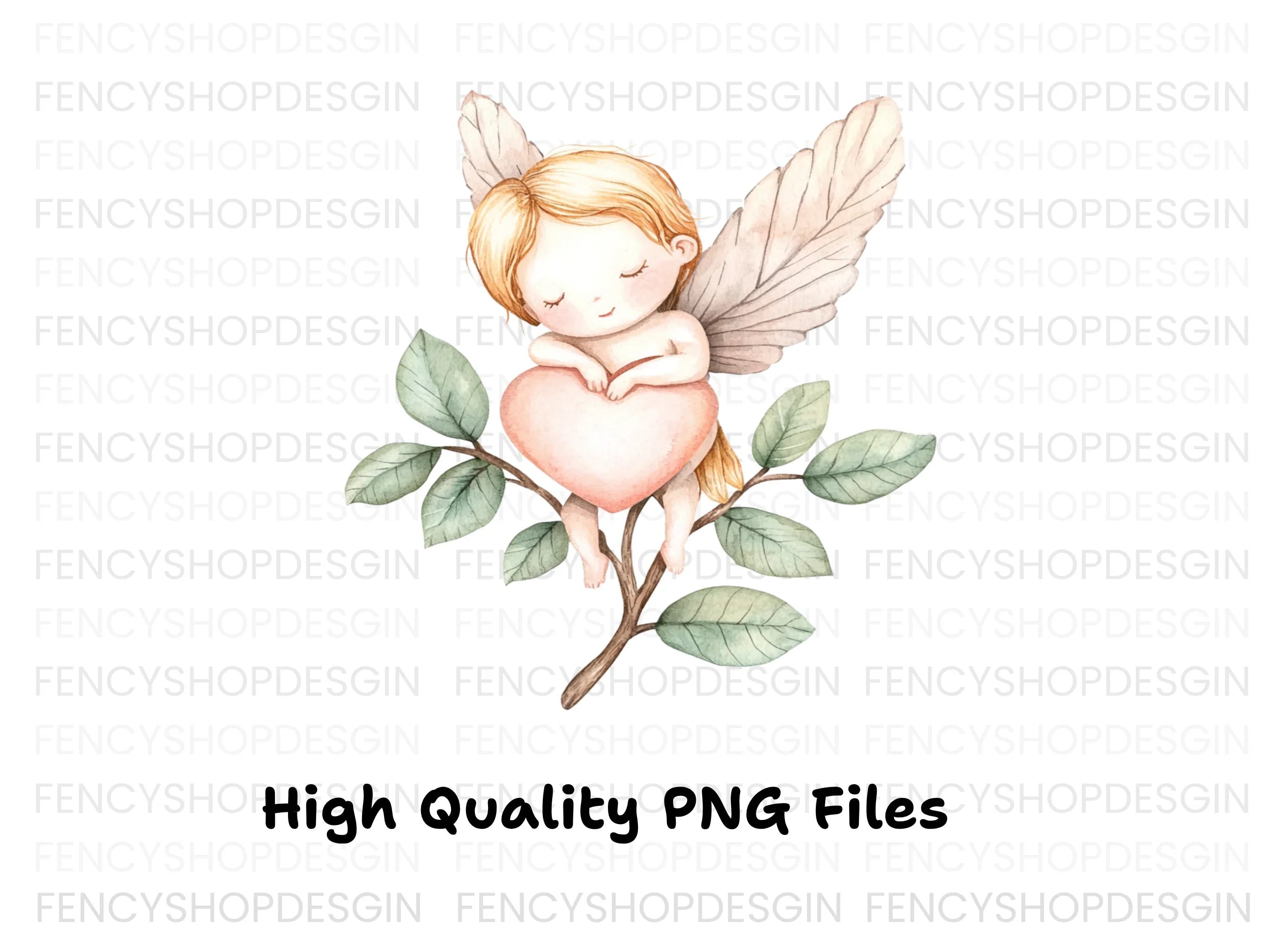 Baby Angels on Branches with Hearts Clipart Bundle