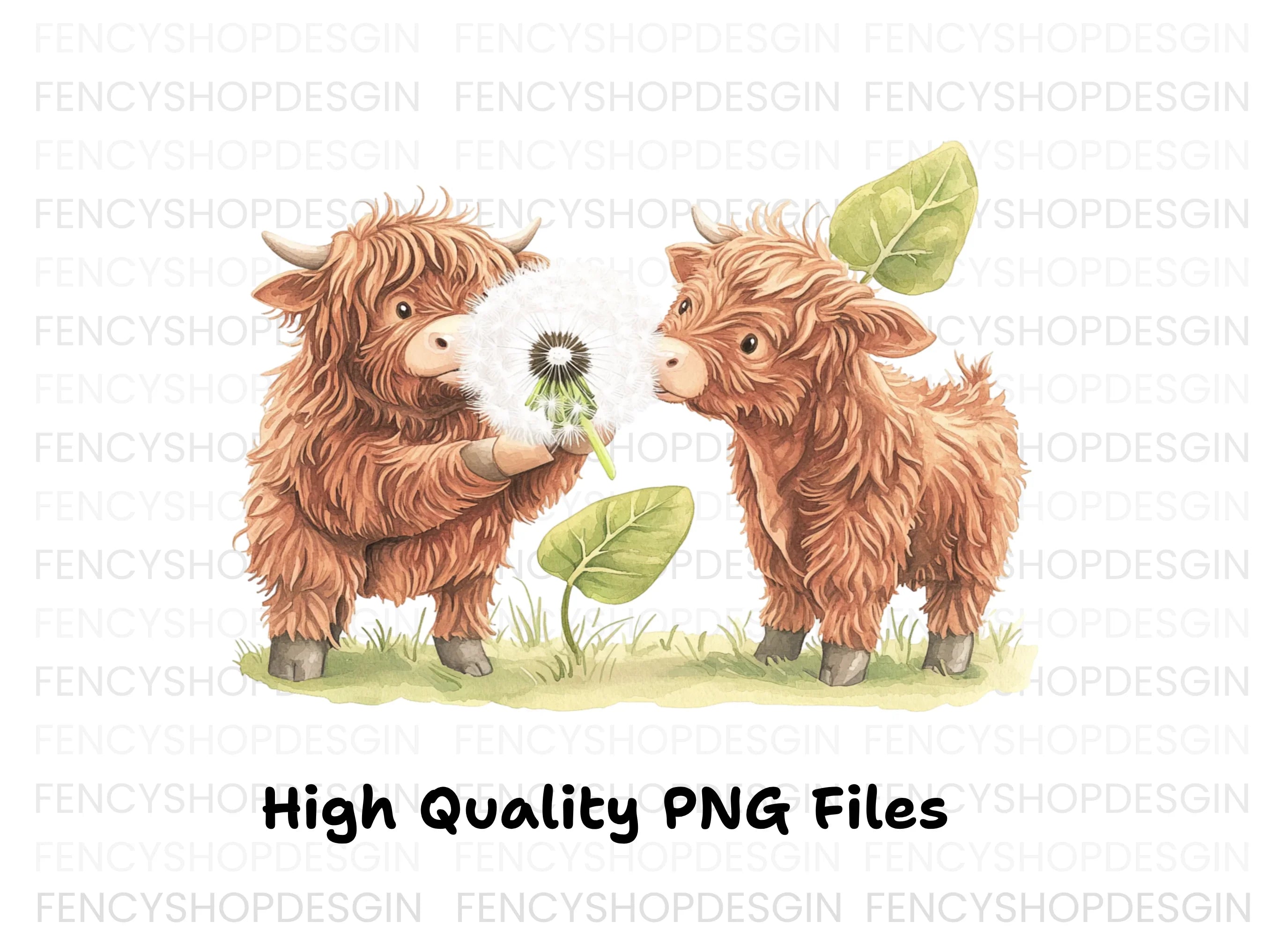 Highland Calf Blowing Dandelion Clipart Bundle